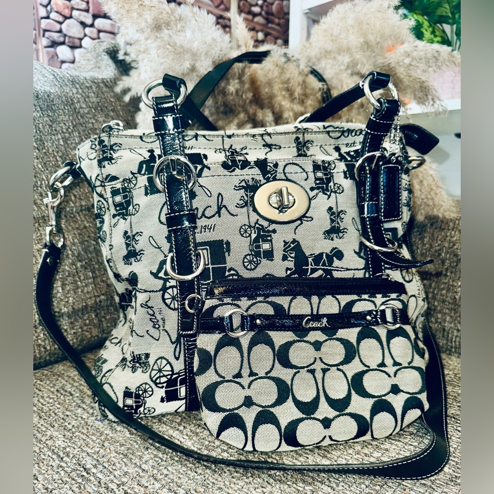 Coach handbag horse carriage pattern black gray, canvas leather set